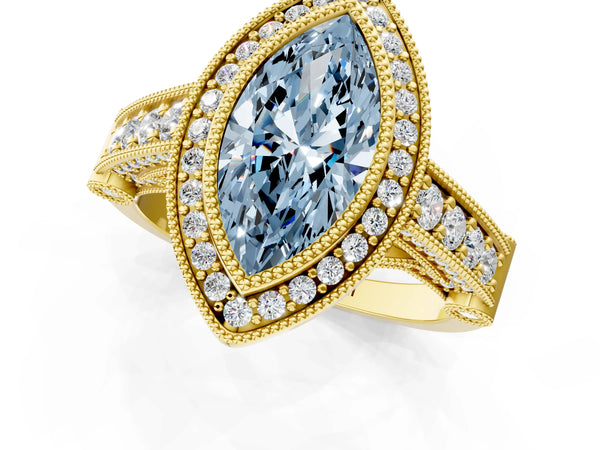 Yellow gold Fancy Blue Marquise Cut Halo Diamond Split Shank Pave Ring
