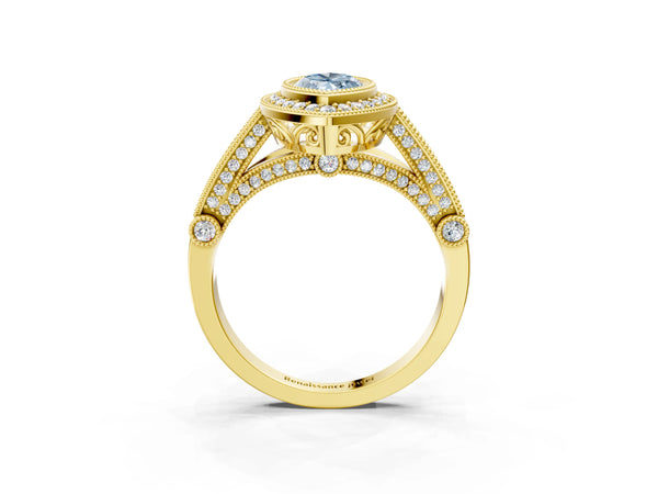 Yellow gold Fancy Blue Marquise Cut Halo Diamond Split Shank Pave Ring