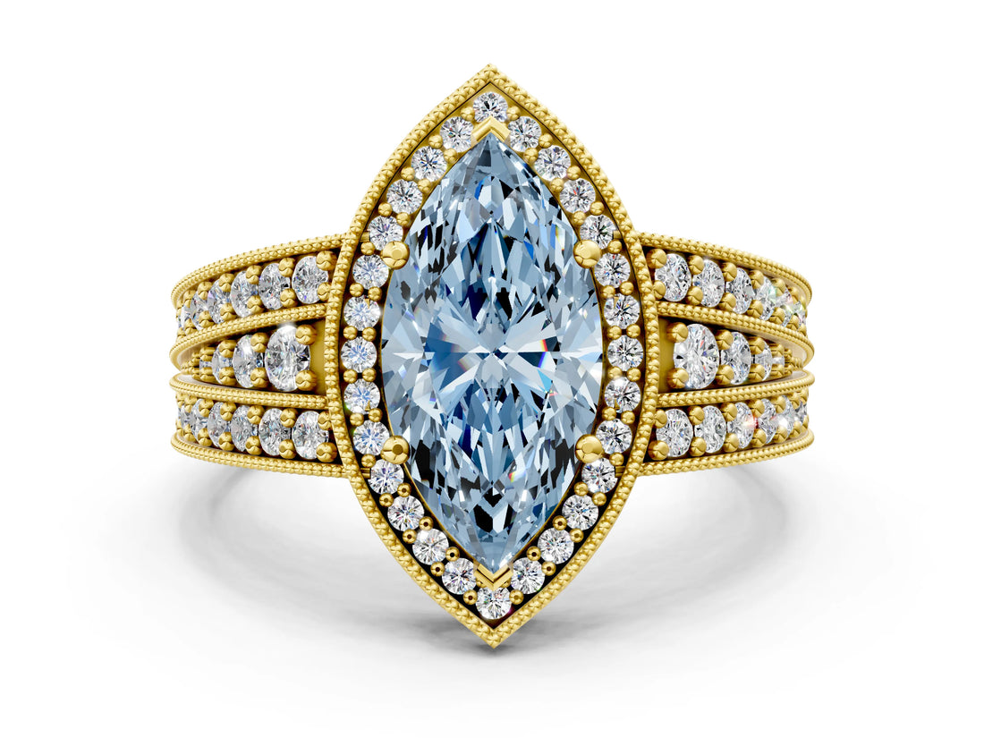 Yellow gold Fancy Blue Marquise Cut Halo Diamond Split Shank Ring with Prong Setting