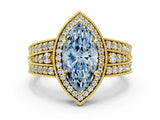 Yellow gold Fancy Blue Marquise Cut Halo Diamond Split Shank Ring with Prong Setting