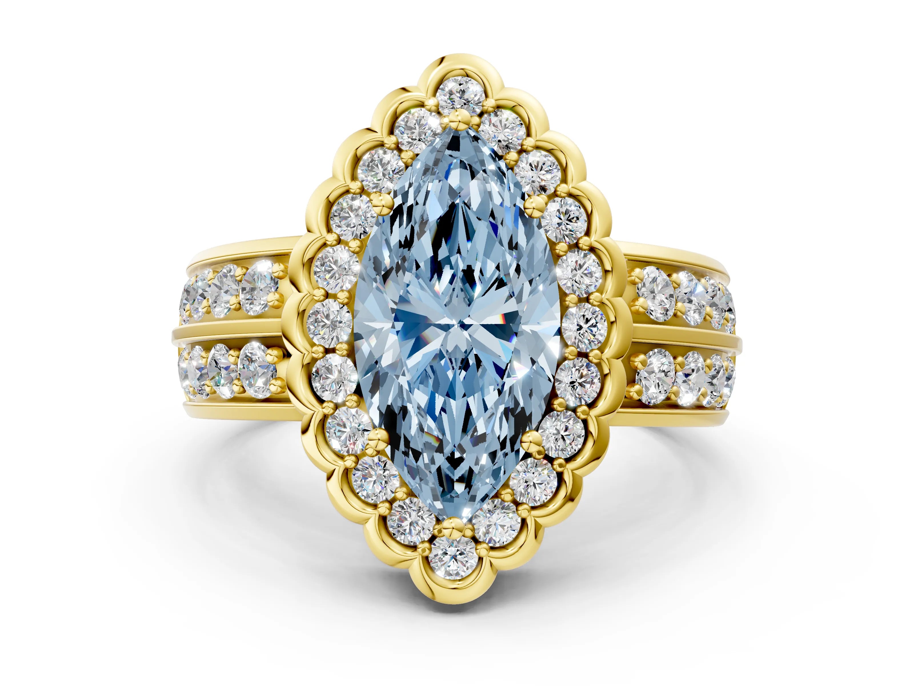 Yellow gold Fancy Blue Marquise Cut Halo Diamond Split Shank Ring with Scalloped Prong Setting