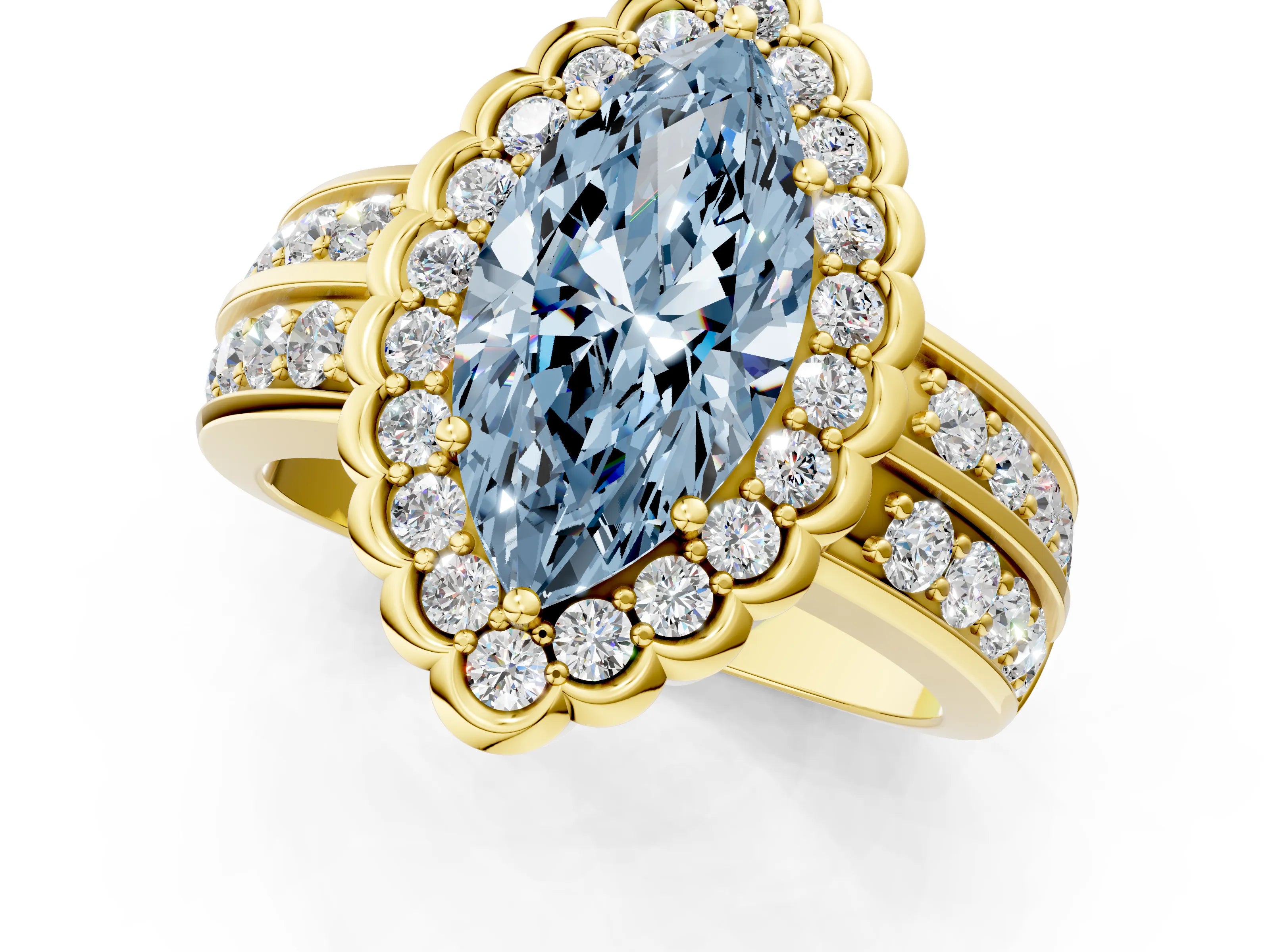 Yellow gold Fancy Blue Marquise Cut Halo Diamond Split Shank Ring with Scalloped Prong Setting_1
