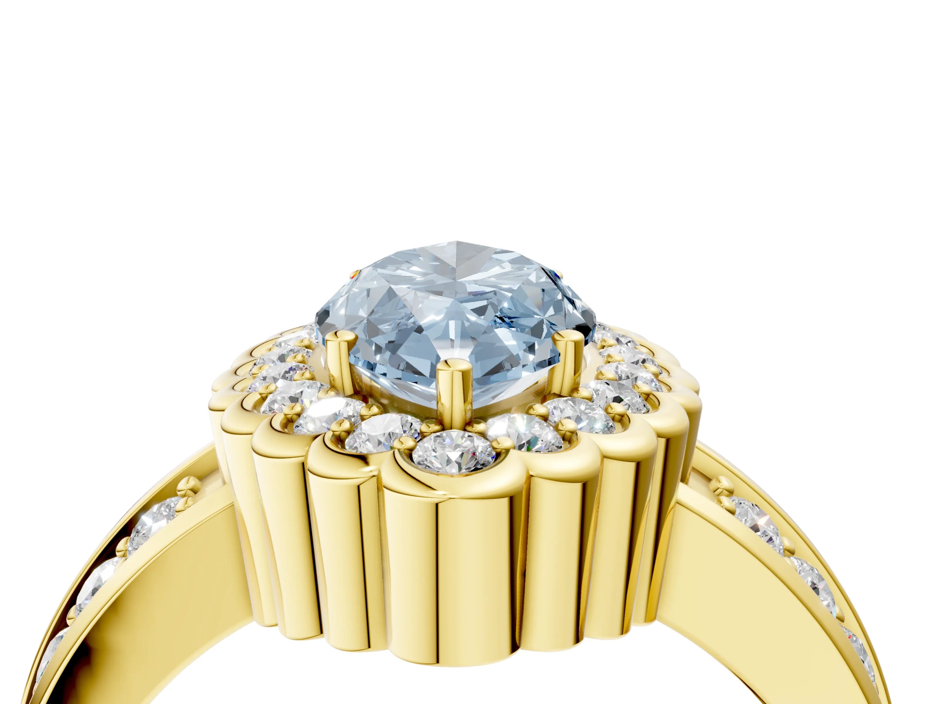 Yellow gold Fancy Blue Marquise Cut Halo Diamond Split Shank Ring with Scalloped Prong Setting_4
