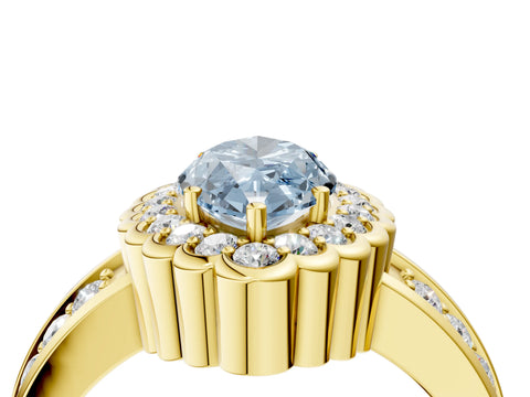 Yellow gold Fancy Blue Marquise Cut Halo Diamond Split Shank Ring with Scalloped Prong Setting_4