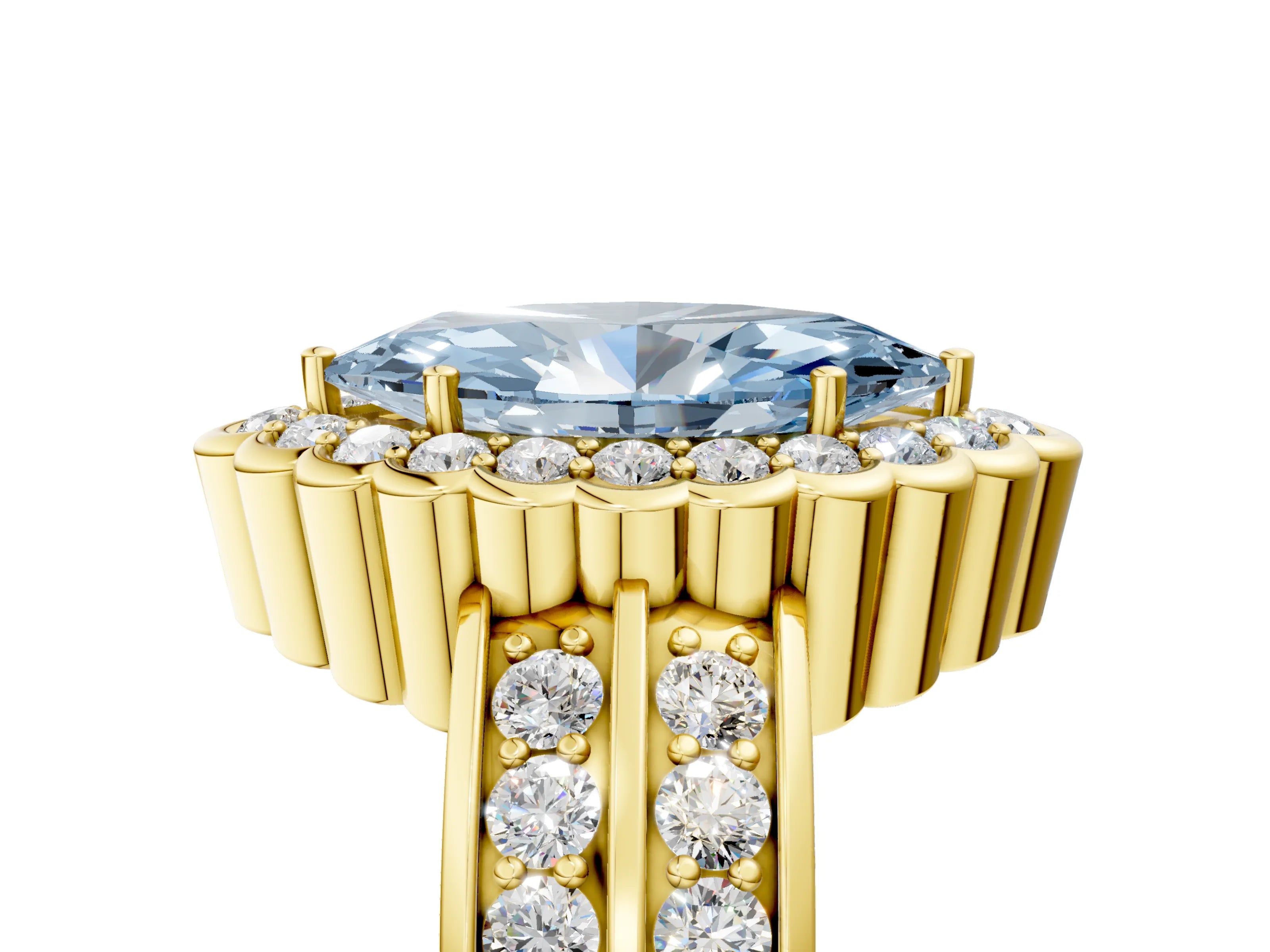 Yellow gold Fancy Blue Marquise Cut Halo Diamond Split Shank Ring with Scalloped Prong Setting_5
