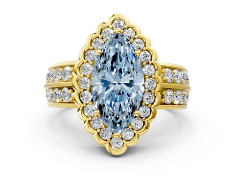 Yellow gold Fancy Blue Marquise Cut Halo Diamond Split Shank Ring with Scalloped Prong Setting