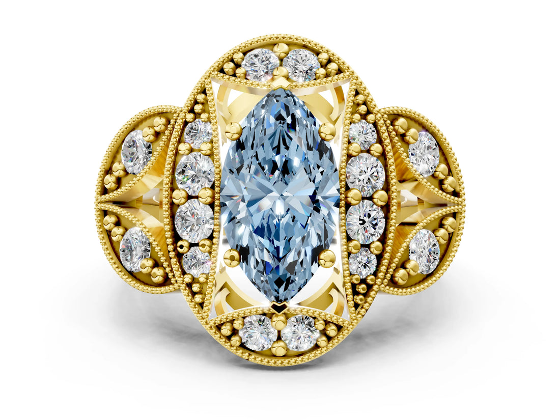 Yellow gold Fancy Blue Marquise Cut Halo Milgrain Diamond Engagement Ring with Leaf Band and Four-Prong Setting