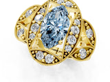Yellow gold Fancy Blue Marquise Cut Halo Milgrain Diamond Engagement Ring with Leaf Band and Four-Prong Setting_1