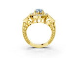 Yellow gold Fancy Blue Marquise Cut Halo Milgrain Diamond Engagement Ring with Leaf Band and Four-Prong Setting_3