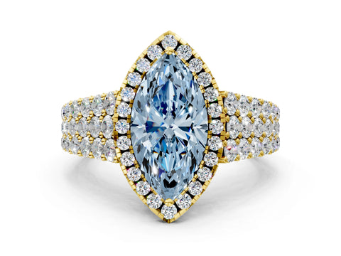 Yellow gold Fancy Blue Marquise Cut Halo Pavé Diamond Engagement Ring with Split Shank and Four-Prong Setting_3