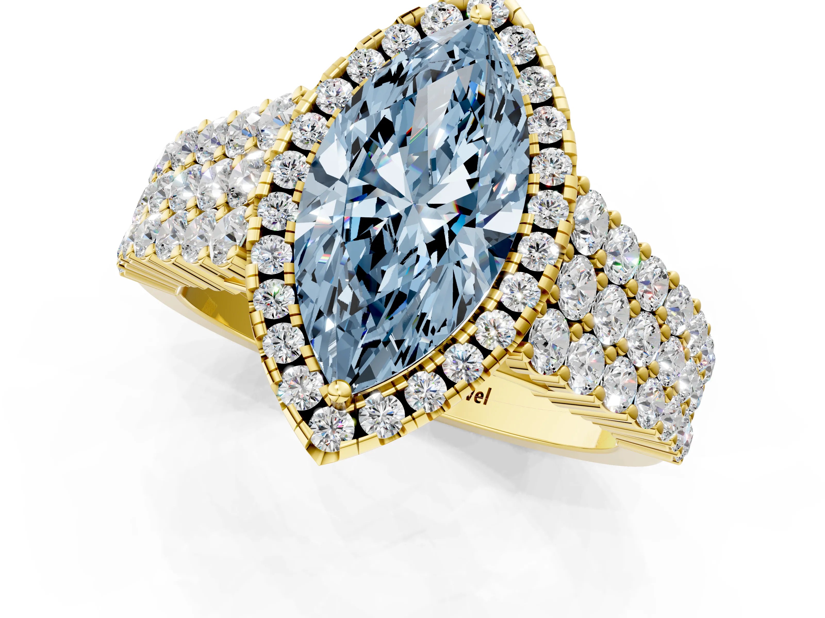 Yellow gold Fancy Blue Marquise Cut Halo Pavé Diamond Engagement Ring with Split Shank and Four-Prong Setting_4