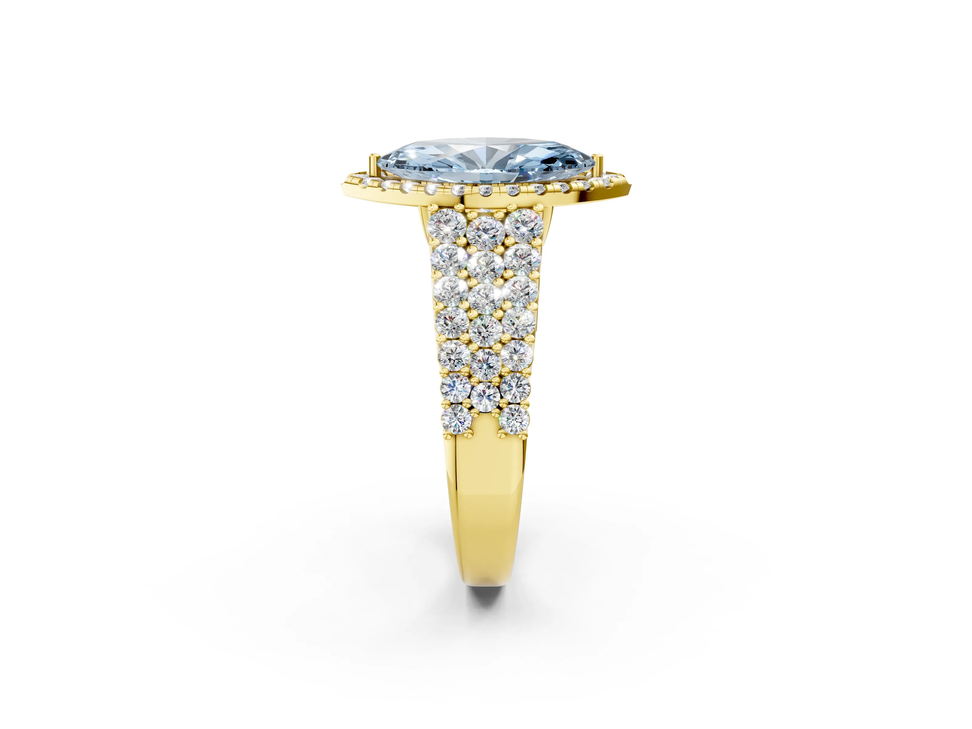 Yellow gold Fancy Blue Marquise Cut Halo Pavé Diamond Engagement Ring with Split Shank and Four-Prong Setting_5