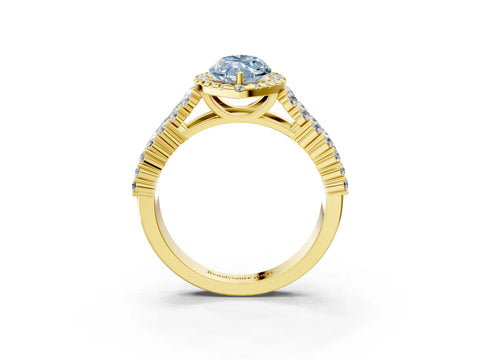 Yellow gold Fancy Blue Marquise Cut Halo Pavé Diamond Engagement Ring with Split Shank and Four-Prong Setting_6