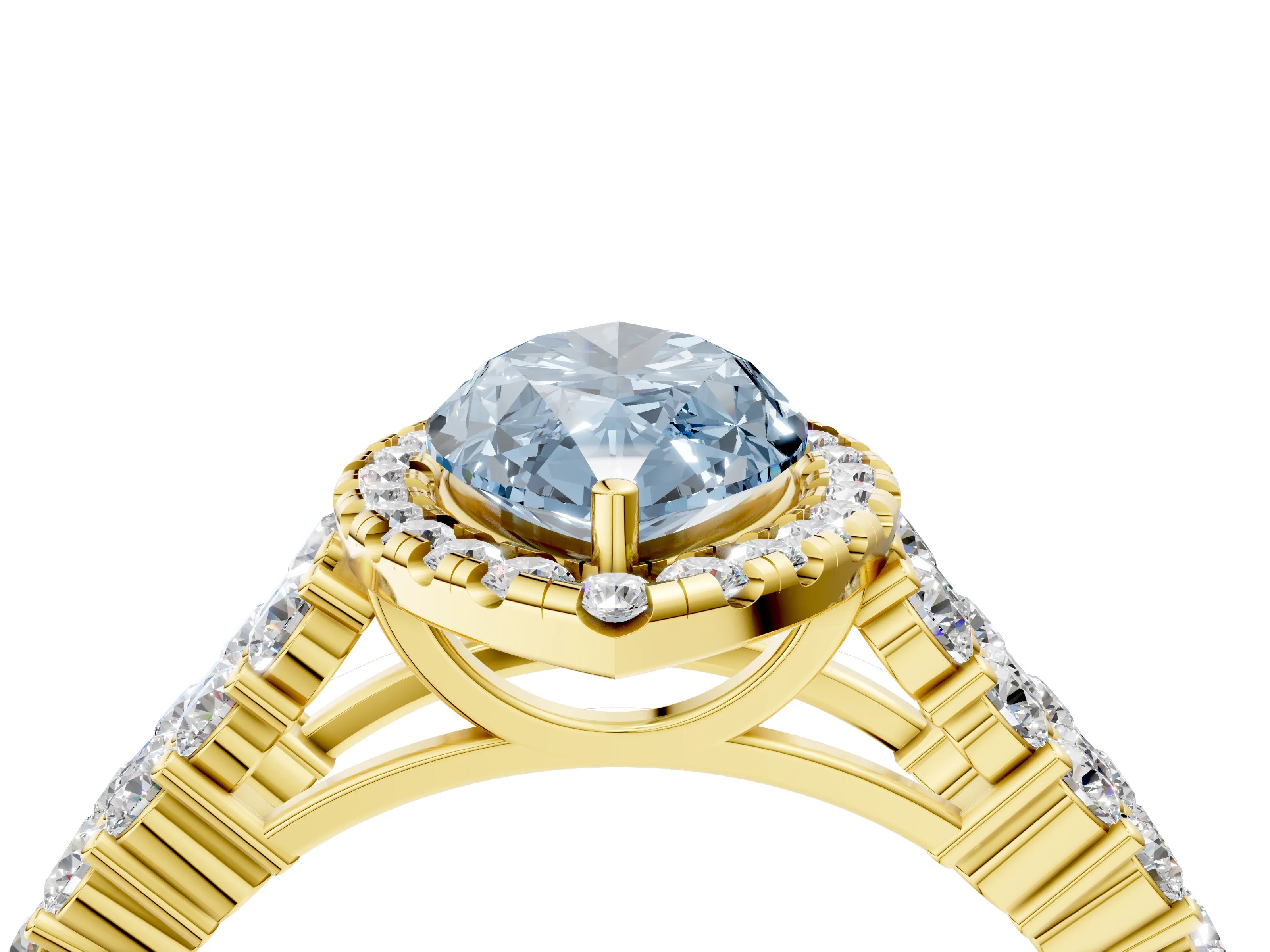 Yellow gold Fancy Blue Marquise Cut Halo Pavé Diamond Engagement Ring with Split Shank and Four-Prong Setting_7