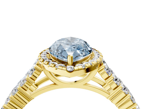 Yellow gold Fancy Blue Marquise Cut Halo Pavé Diamond Engagement Ring with Split Shank and Four-Prong Setting_7