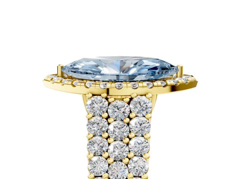 Yellow gold Fancy Blue Marquise Cut Halo Pavé Diamond Engagement Ring with Split Shank and Four-Prong Setting_8