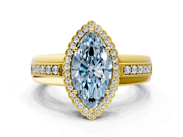 Yellow gold Fancy Blue Marquise  Cut Halo Pave Band Four-Prong Ring