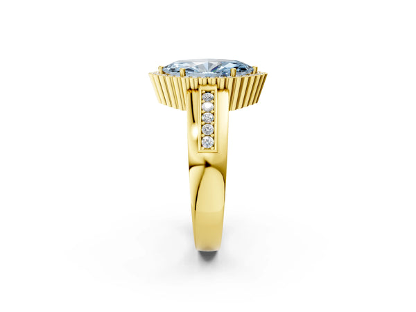 Yellow gold Fancy Blue Marquise  Cut Halo Pave Band Four-Prong Ring