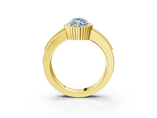 Yellow gold Fancy Blue Marquise  Cut Halo Pave Band Four-Prong Ring