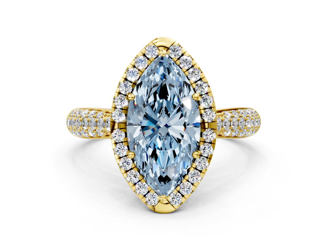 Yellow gold Fancy Blue Marquise  Cut Halo Pave Band Four-Prong Setting Ring_37