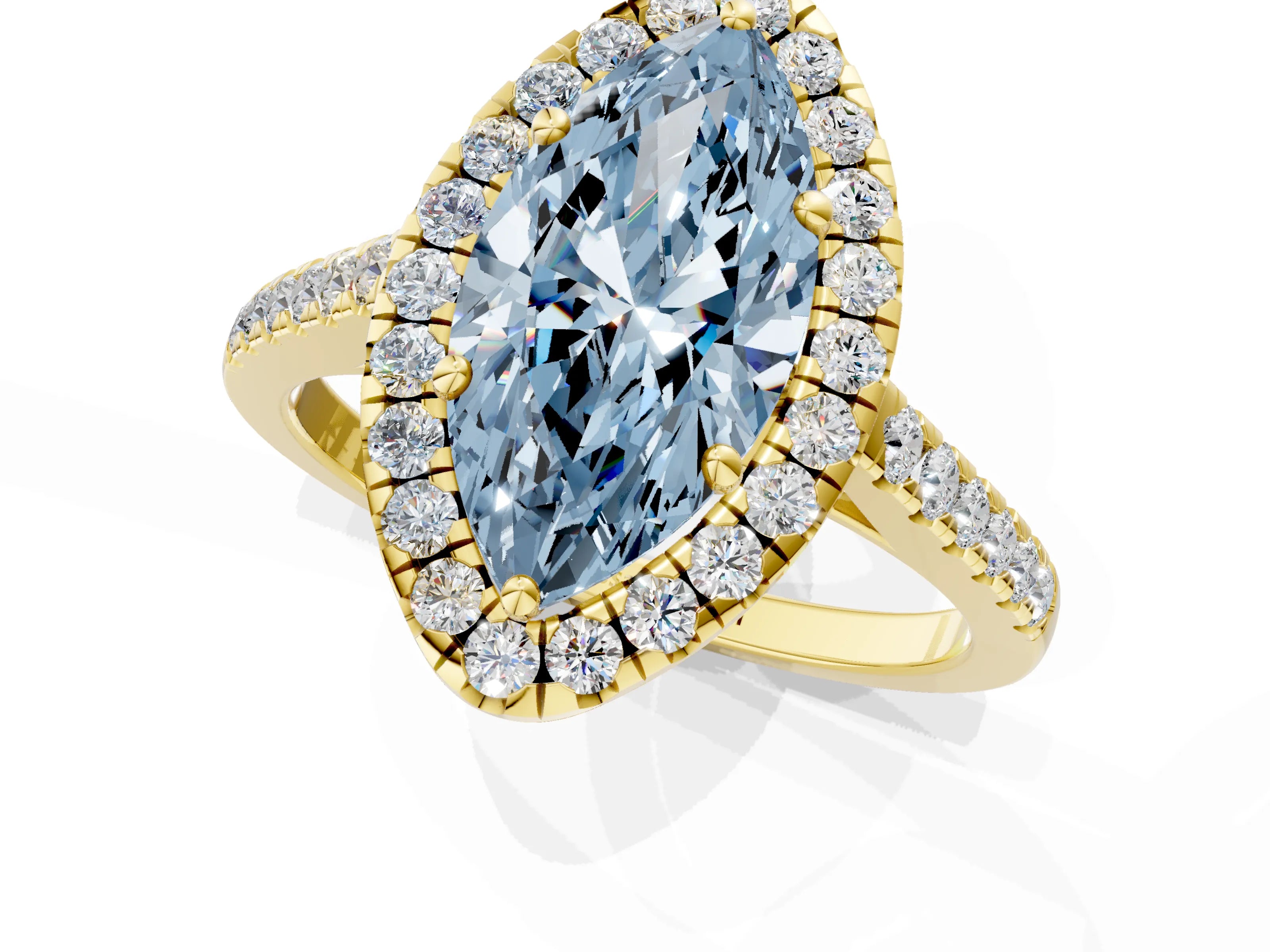 Yellow gold Fancy Blue Marquise Cut Halo Pave Diamond Engagement Ring with Four-Prong Setting_1