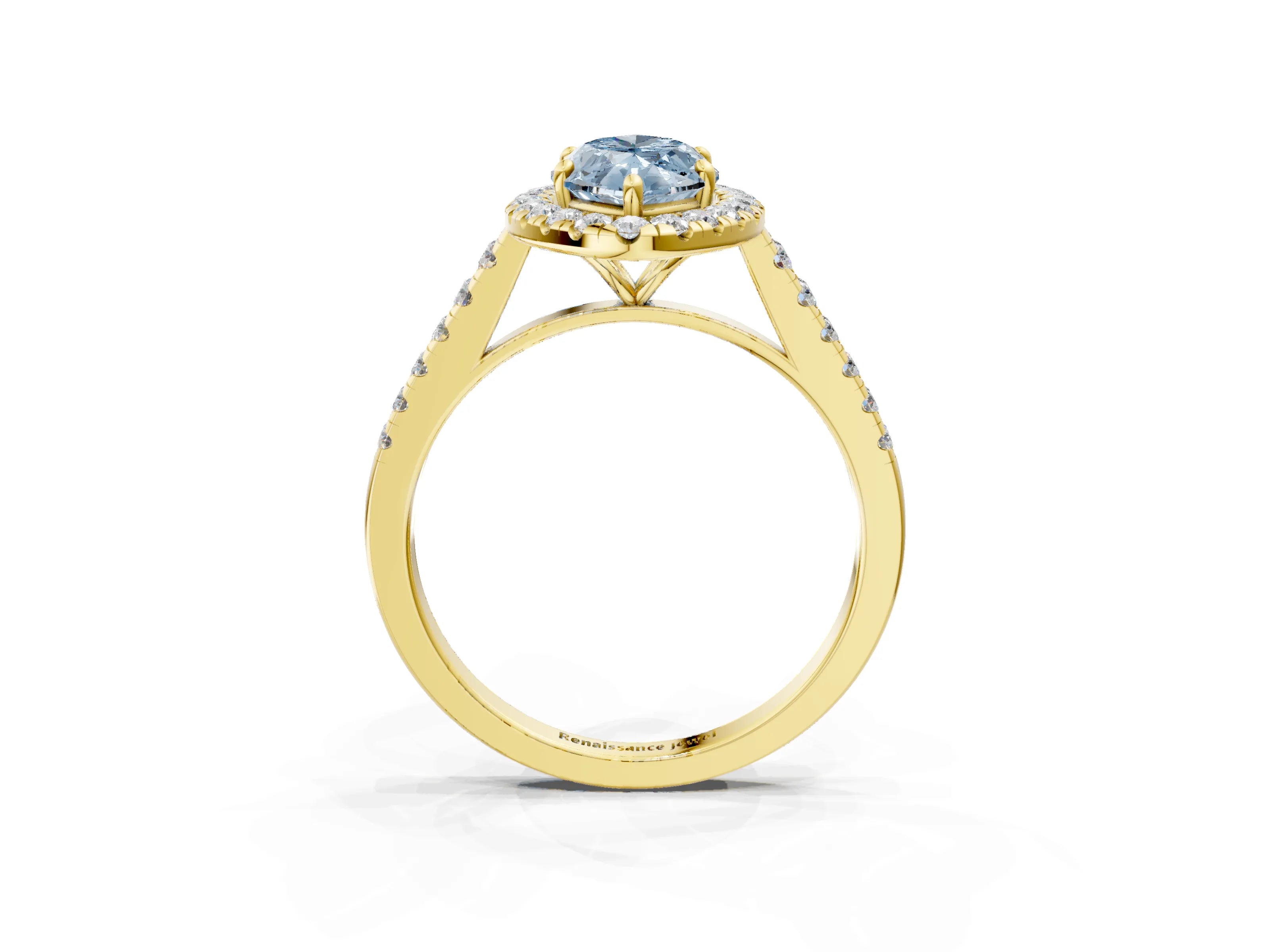Yellow gold Fancy Blue Marquise Cut Halo Pave Diamond Engagement Ring with Four-Prong Setting_3