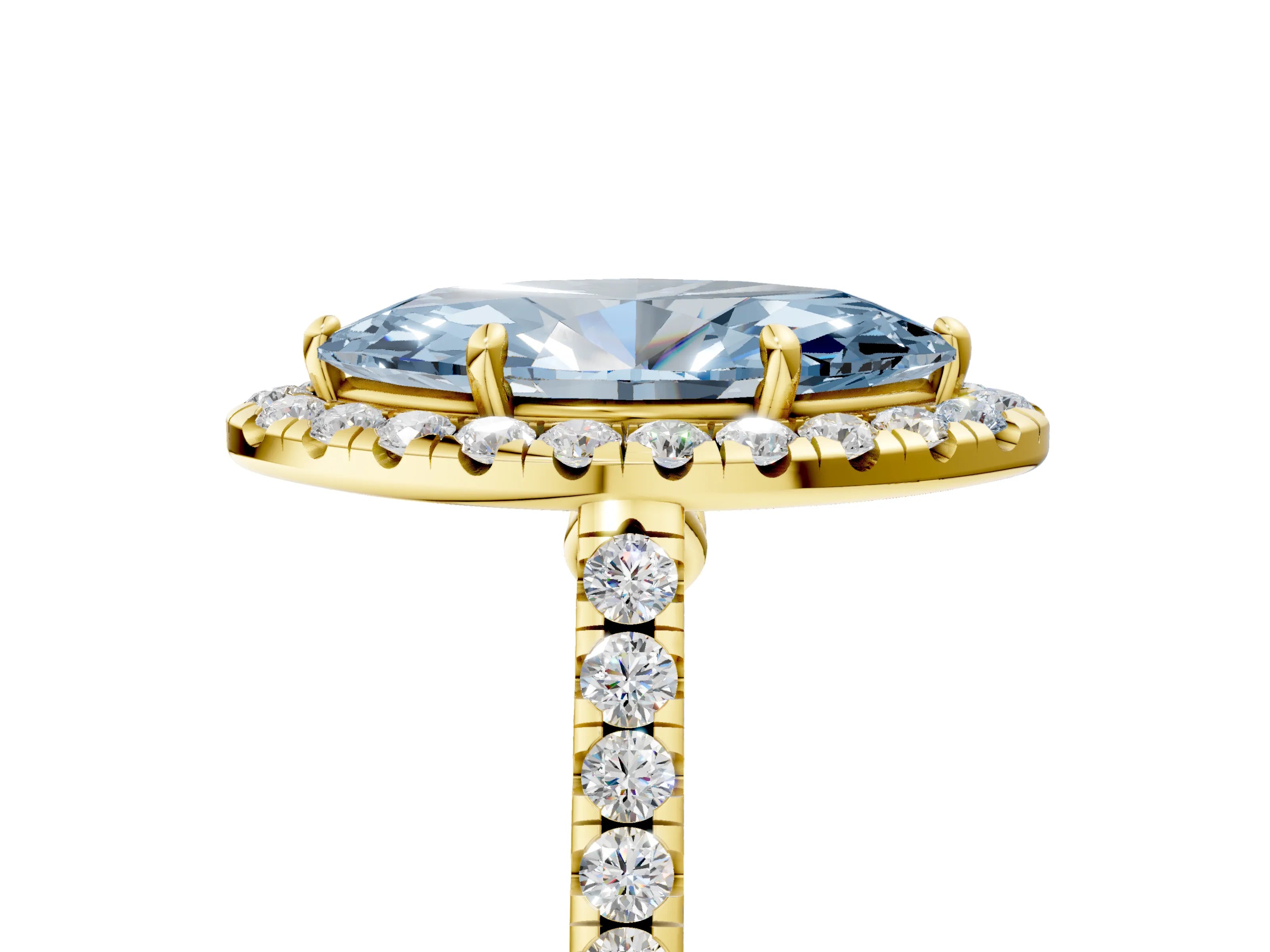 Yellow gold Fancy Blue Marquise Cut Halo Pave Diamond Engagement Ring with Four-Prong Setting_5