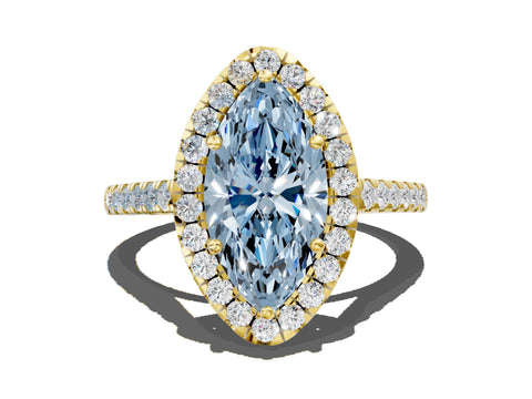 Yellow gold Fancy Blue Marquise Cut Halo Pave Diamond Engagement Ring with Four-Prong Setting