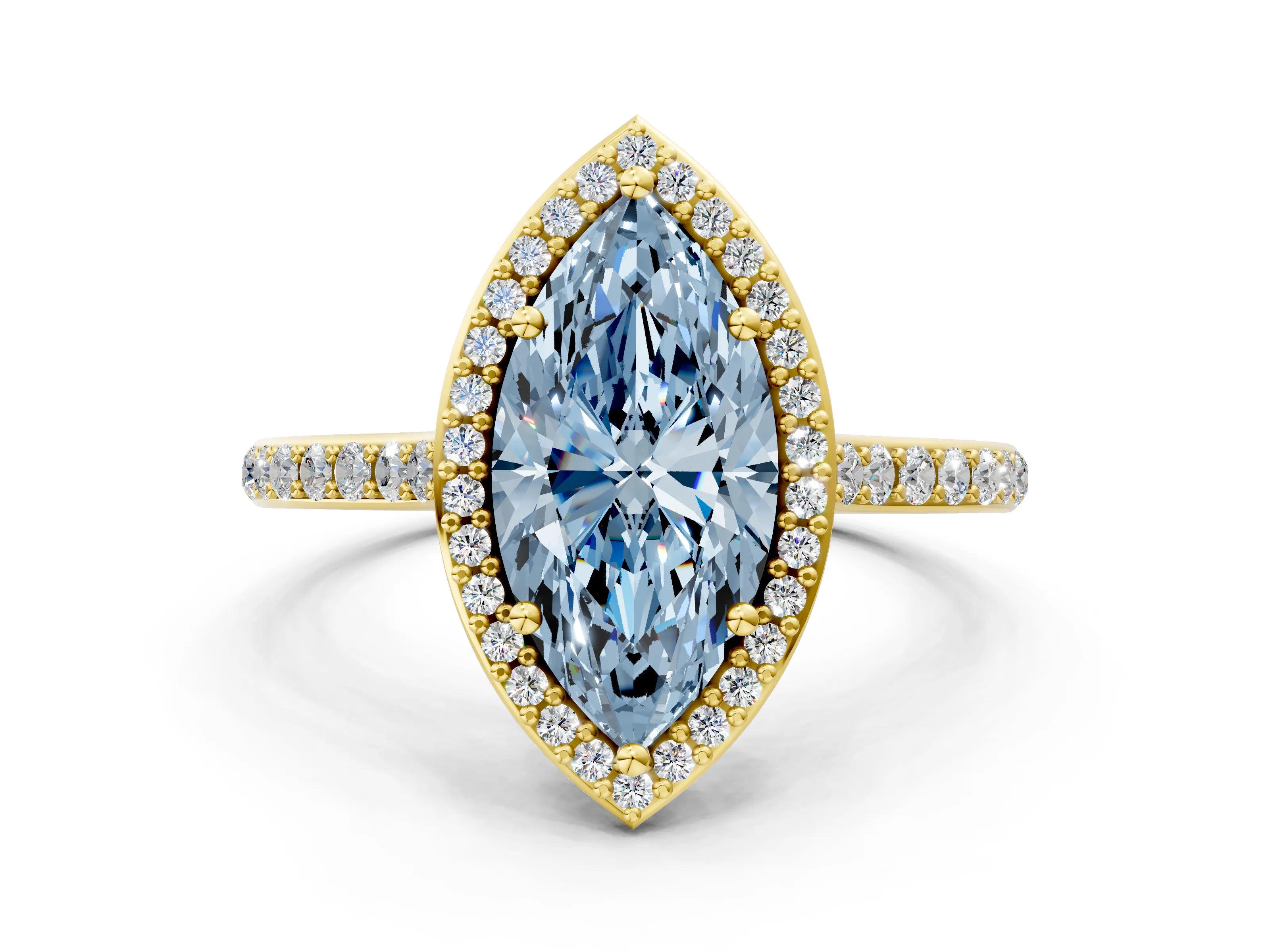 Yellow gold Fancy Blue Marquise Cut Halo Round Diamond Pavé Band with Four-Prong Setting_3