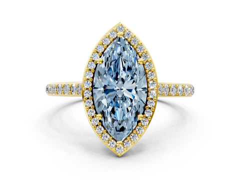 Yellow gold Fancy Blue Marquise Cut Halo Round Diamond Pavé Band with Four-Prong Setting_3