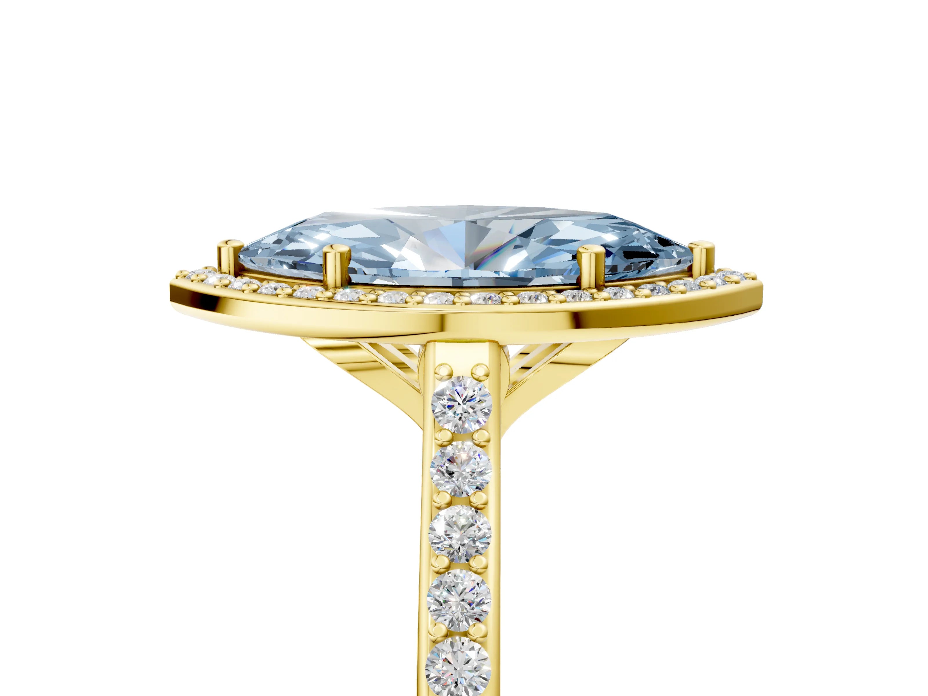 Yellow gold Fancy Blue Marquise Cut Halo Round Diamond Pavé Band with Four-Prong Setting_8