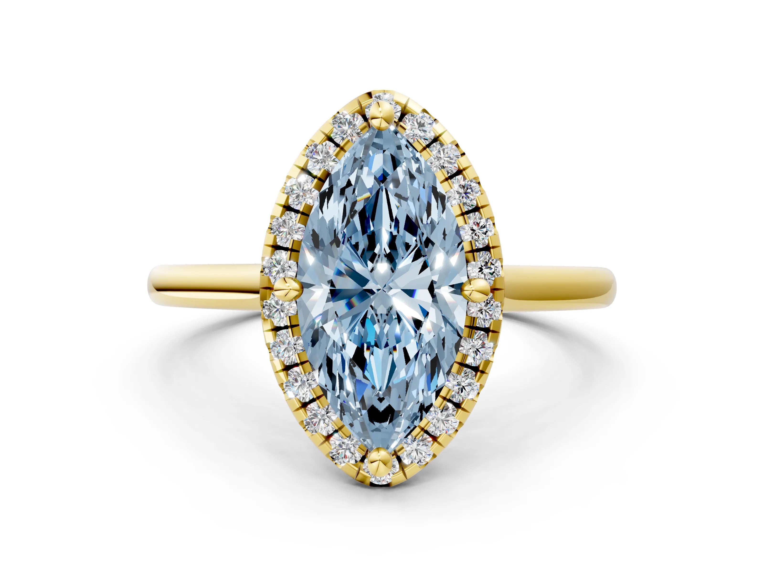 Yellow gold Fancy Blue Marquise Cut Halo Round Diamond Solitaire Engagement Ring with Pave Band and Four-Prong Setting_12