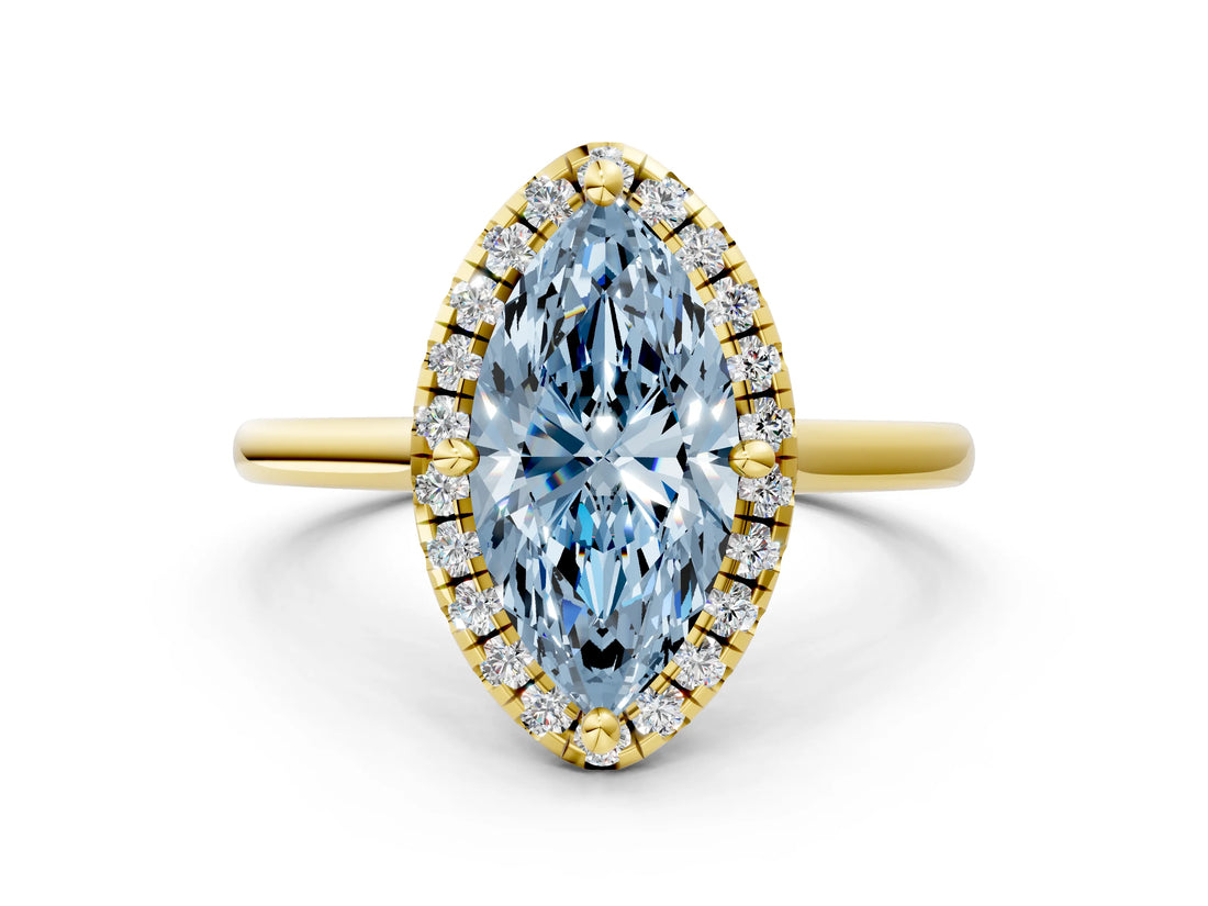 Yellow gold Fancy Blue Marquise Cut Halo Round Diamond Solitaire Engagement Ring with Pave Band and Four-Prong Setting_12