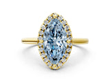 Yellow gold Fancy Blue Marquise Cut Halo Round Diamond Solitaire Engagement Ring with Pave Band and Four-Prong Setting_12