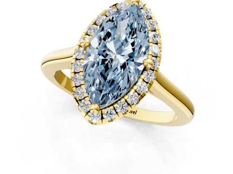 Yellow gold Fancy Blue Marquise Cut Halo Round Diamond Solitaire Engagement Ring with Pave Band and Four-Prong Setting_13