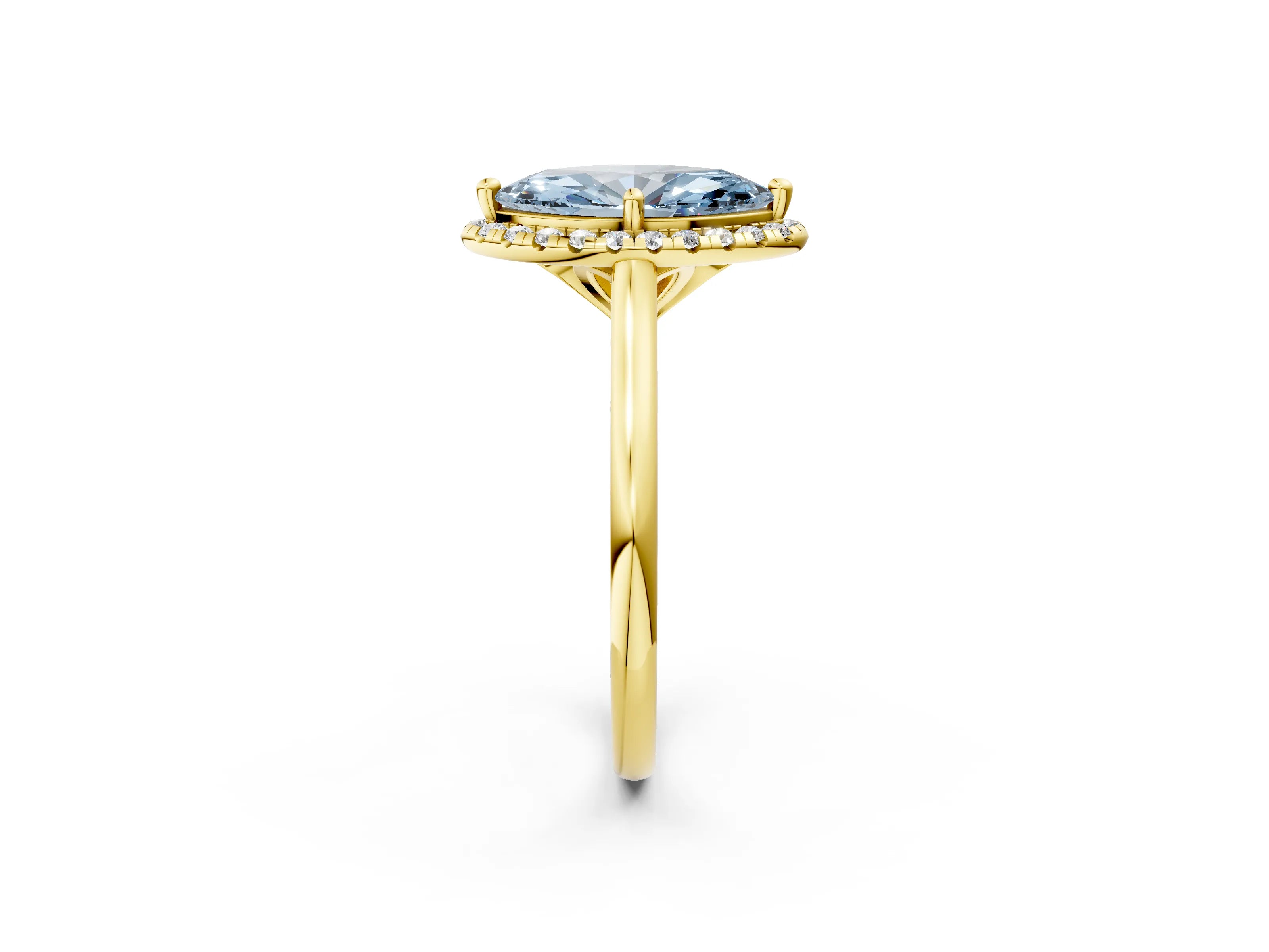 Yellow gold Fancy Blue Marquise Cut Halo Round Diamond Solitaire Engagement Ring with Pave Band and Four-Prong Setting_14