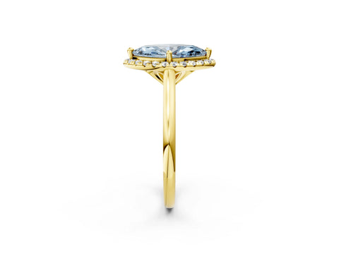 Yellow gold Fancy Blue Marquise Cut Halo Round Diamond Solitaire Engagement Ring with Pave Band and Four-Prong Setting_14