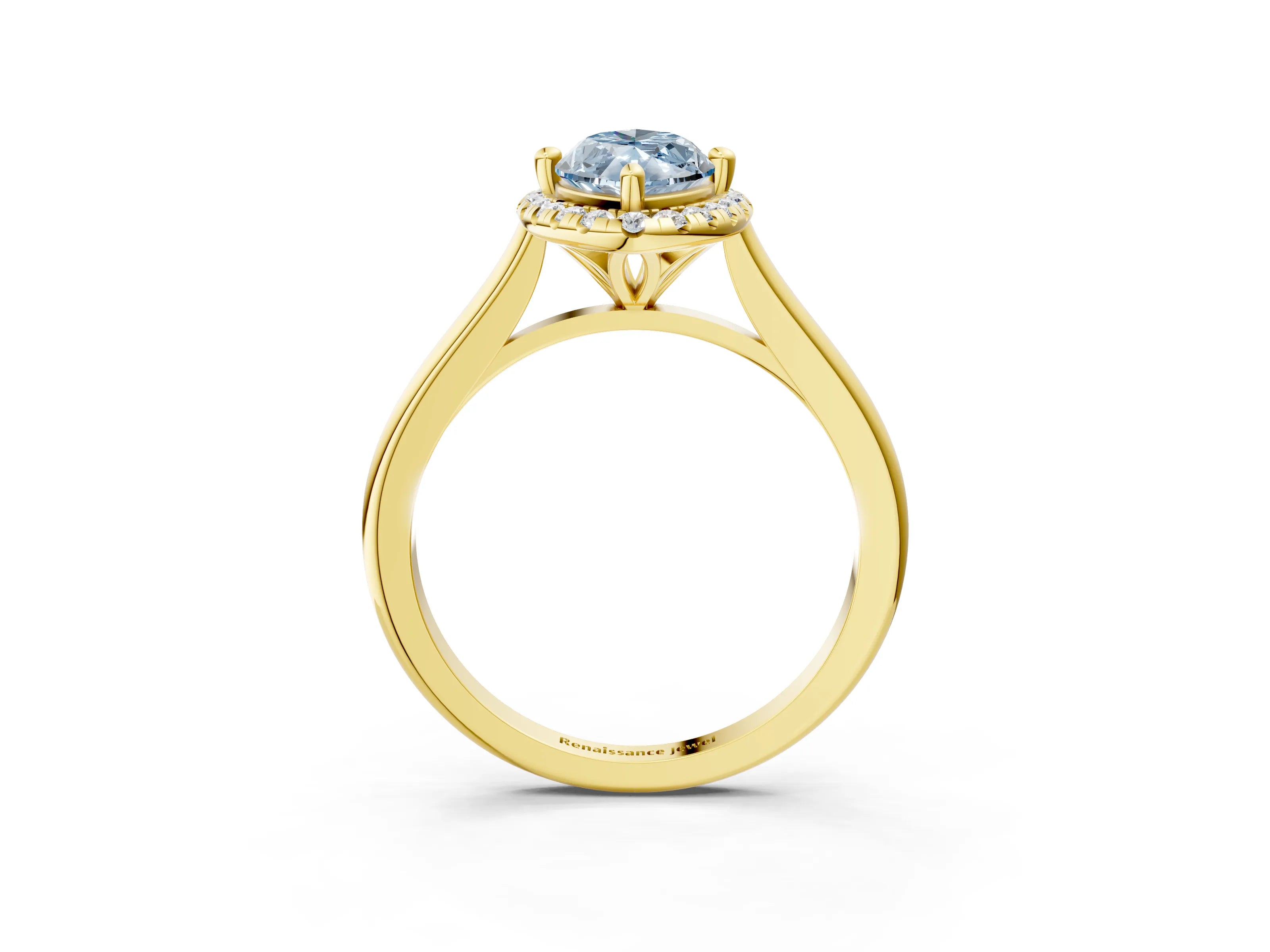 Yellow gold Fancy Blue Marquise Cut Halo Round Diamond Solitaire Engagement Ring with Pave Band and Four-Prong Setting_15