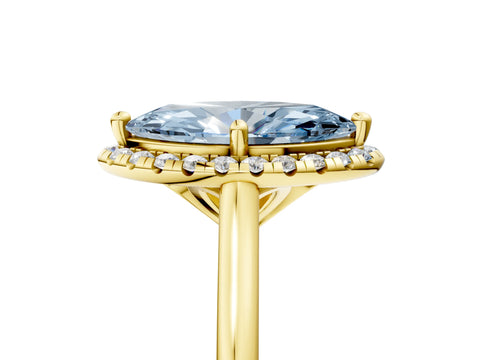 Yellow gold Fancy Blue Marquise Cut Halo Round Diamond Solitaire Engagement Ring with Pave Band and Four-Prong Setting_17