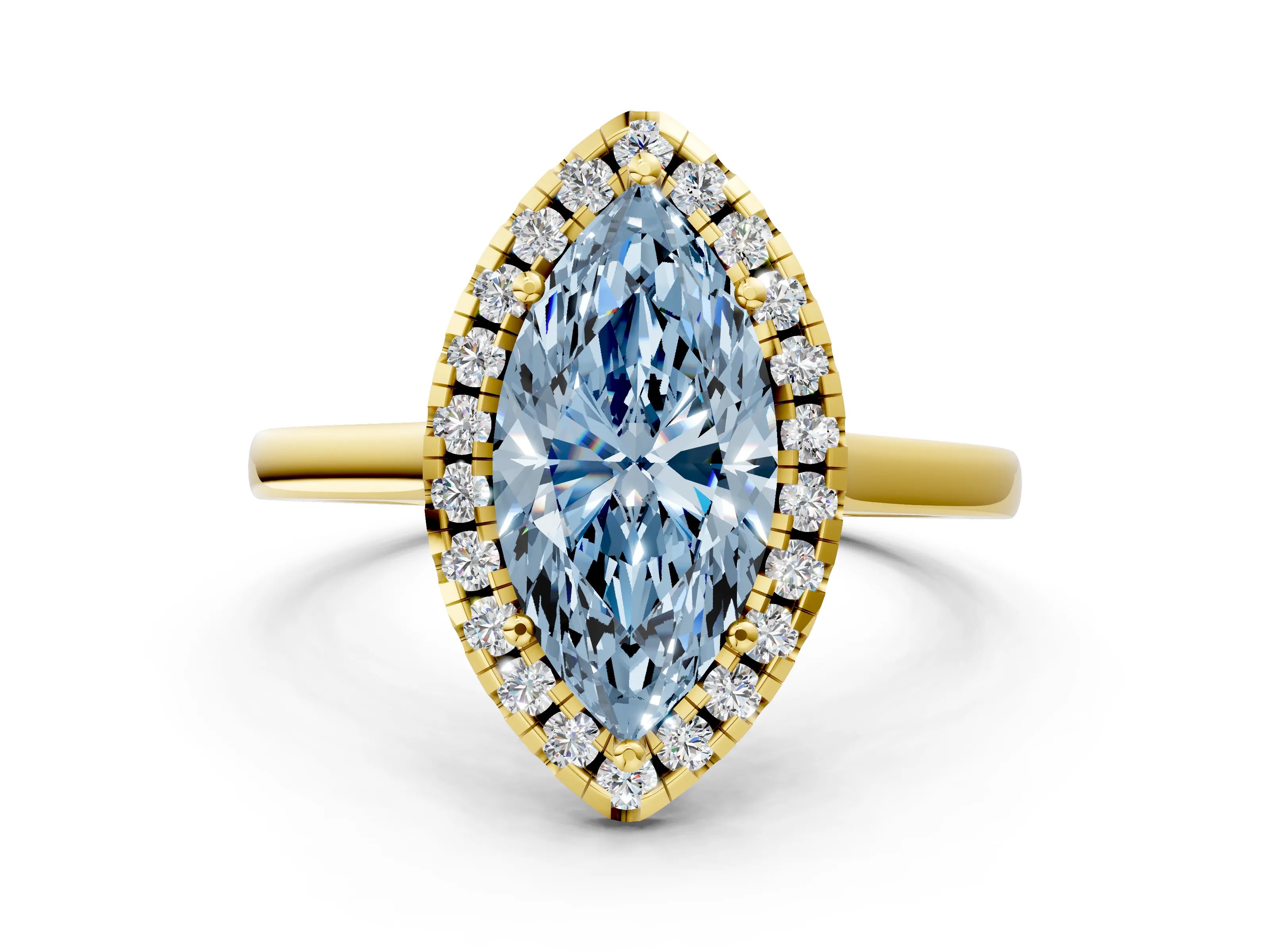 Yellow gold Fancy Blue Marquise Cut Halo Round Diamond Solitaire Ring with Pavé Band and Four-Prong Setting