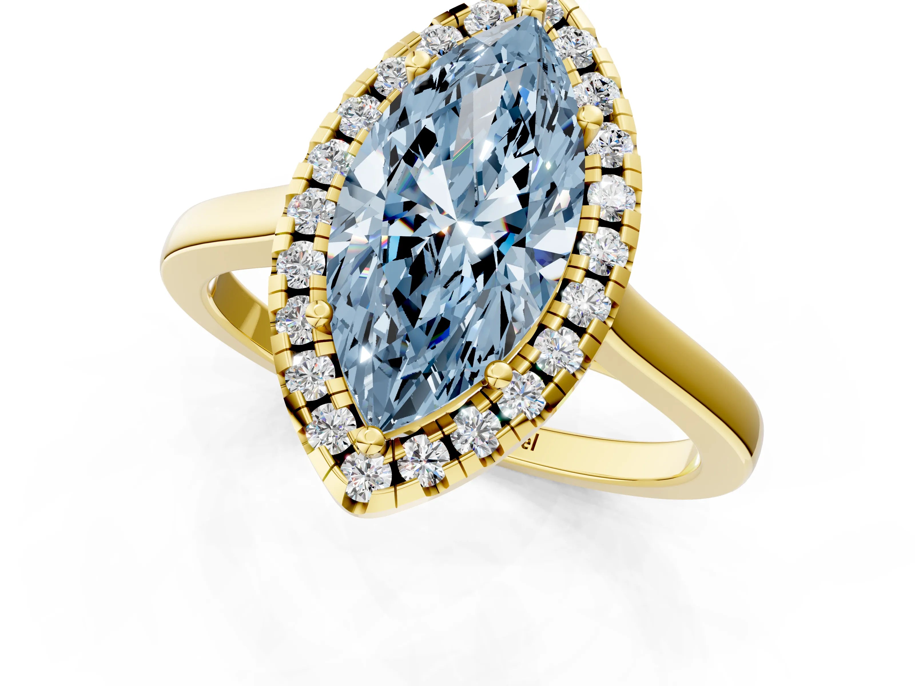 Yellow gold Fancy Blue Marquise Cut Halo Round Diamond Solitaire Ring with Pavé Band and Four-Prong Setting_1
