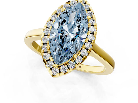 Yellow gold Fancy Blue Marquise Cut Halo Round Diamond Solitaire Ring with Pavé Band and Four-Prong Setting_1