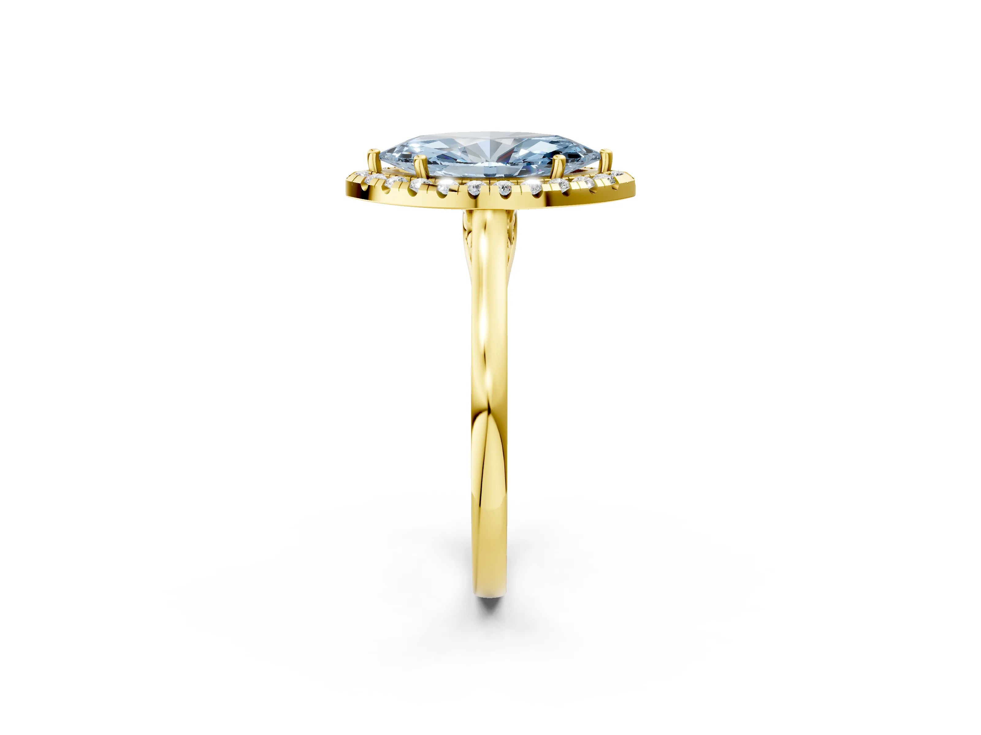 Yellow gold Fancy Blue Marquise Cut Halo Round Diamond Solitaire Ring with Pavé Band and Four-Prong Setting_2