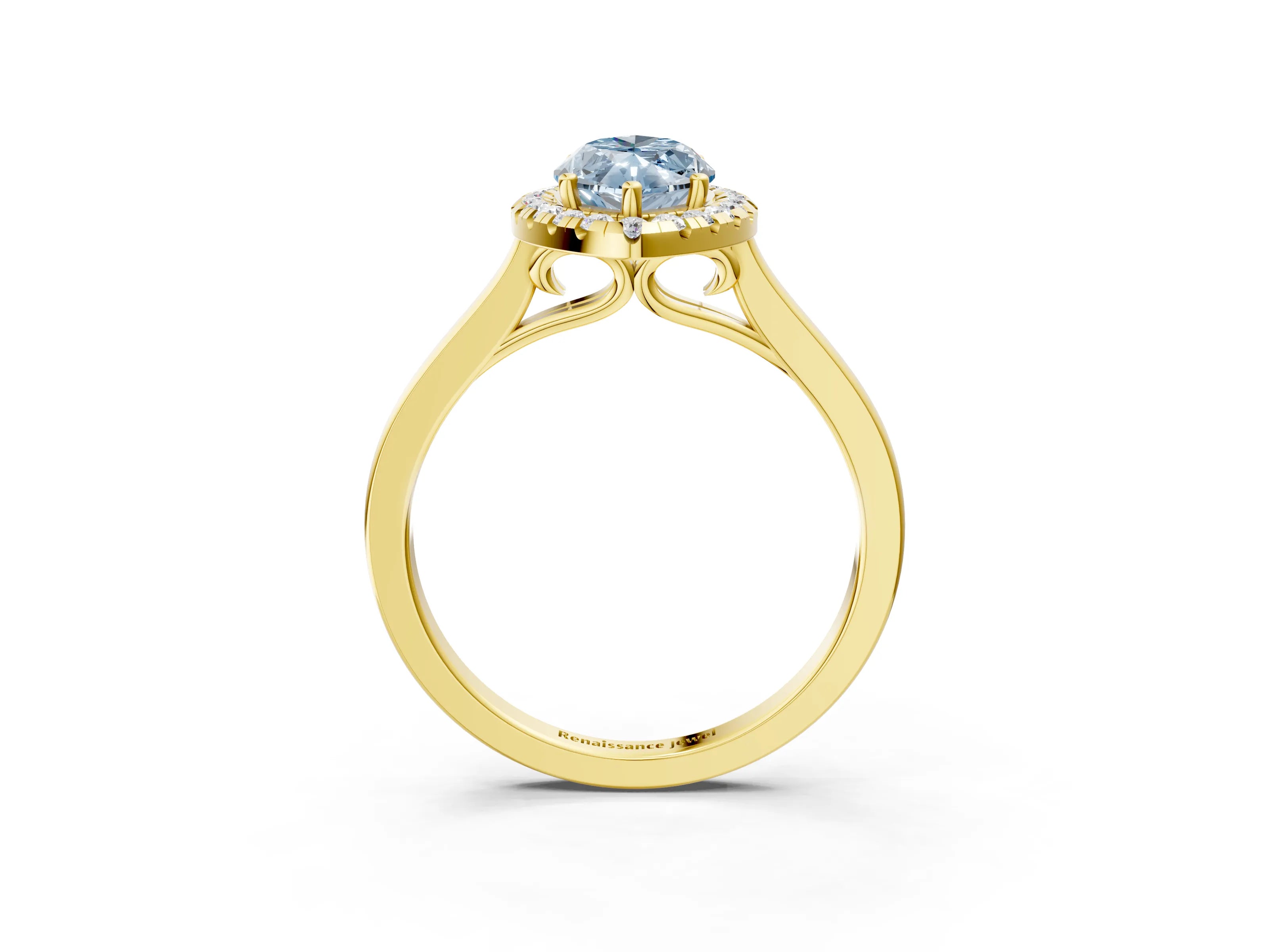 Yellow gold Fancy Blue Marquise Cut Halo Round Diamond Solitaire Ring with Pavé Band and Four-Prong Setting_3