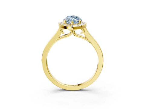 Yellow gold Fancy Blue Marquise Cut Halo Round Diamond Solitaire Ring with Pavé Band and Four-Prong Setting_3
