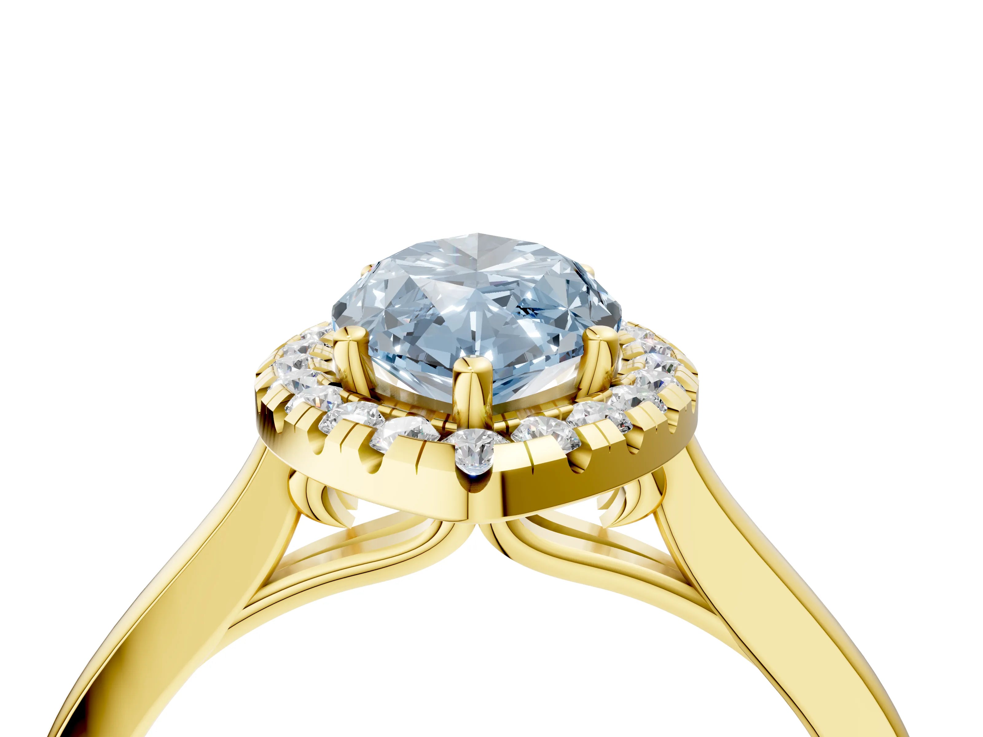 Yellow gold Fancy Blue Marquise Cut Halo Round Diamond Solitaire Ring with Pavé Band and Four-Prong Setting_4