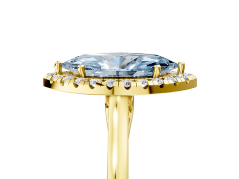 Yellow gold Fancy Blue Marquise Cut Halo Round Diamond Solitaire Ring with Pavé Band and Four-Prong Setting_5