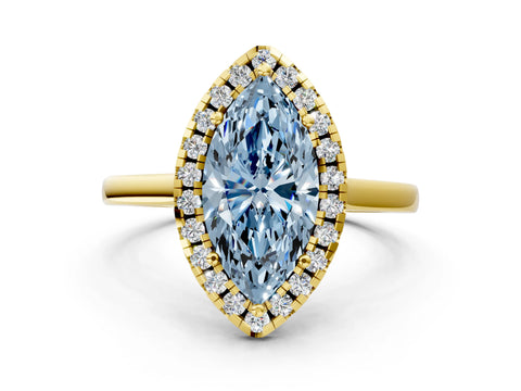 Yellow gold Fancy Blue Marquise Cut Halo Round Diamond Solitaire Ring with Pavé Band and Four-Prong Setting