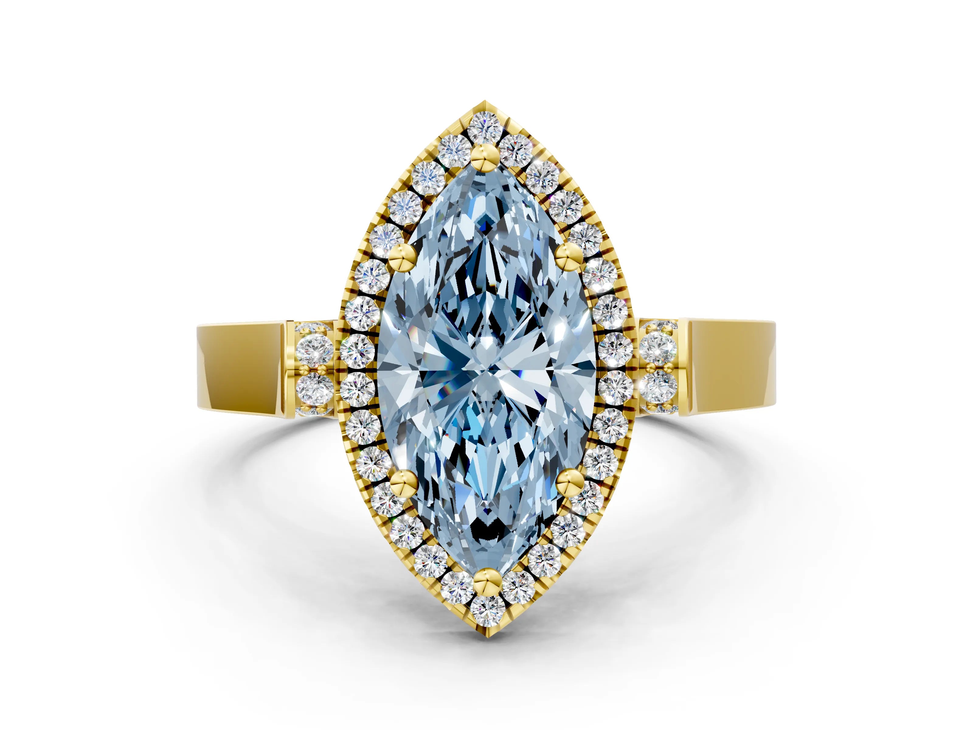 Yellow gold Fancy Blue Marquise Cut Halo Round Diamond Twist Band with Four-Prong Setting