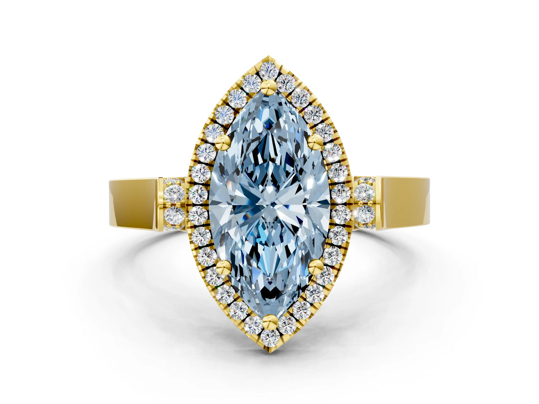 Yellow gold Fancy Blue Marquise Cut Halo Round Diamond Twist Band with Four-Prong Setting